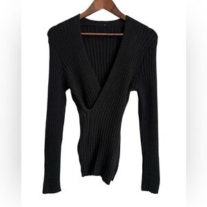 Cupshe Black V-Neck Ribbed Wrap Stretchy Sweater - M